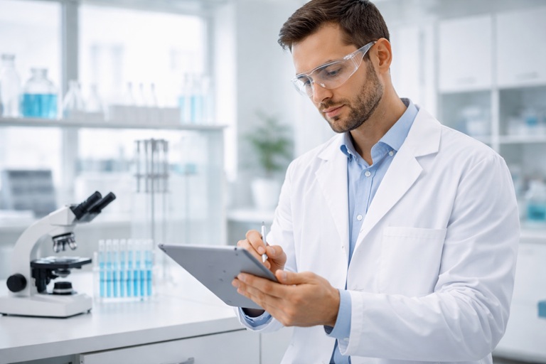 SAFETY & HEALTH Consulting modern laboratory environment, researcher using tablet