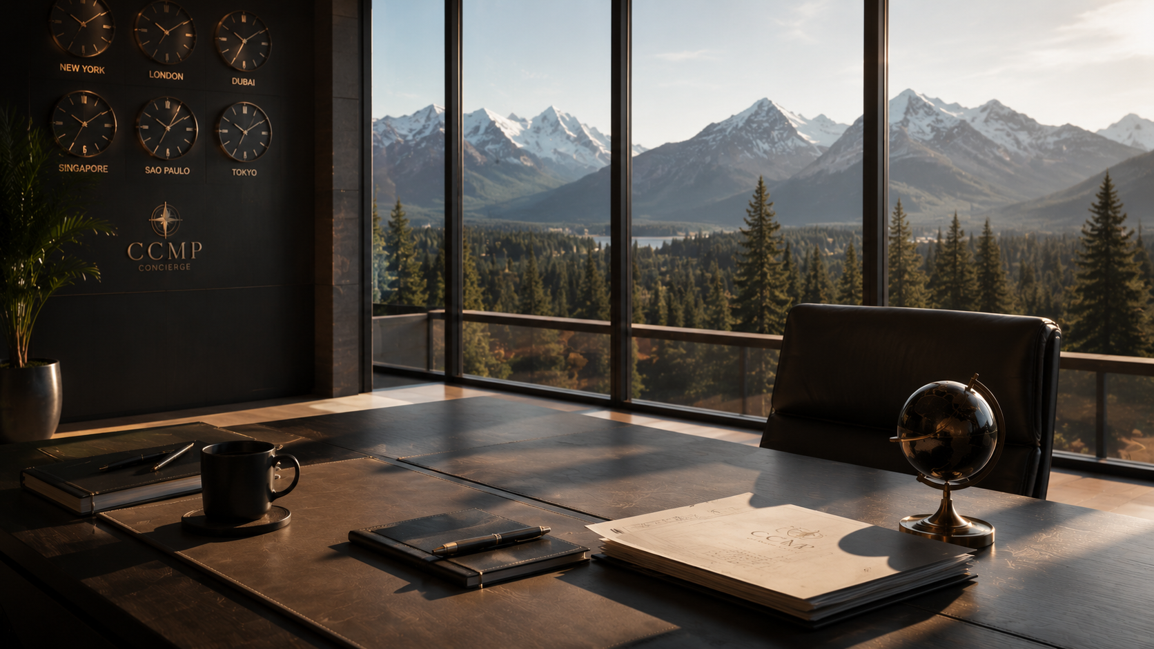 Realistic executive workspace with mountain skyline and international coordination atmosphere