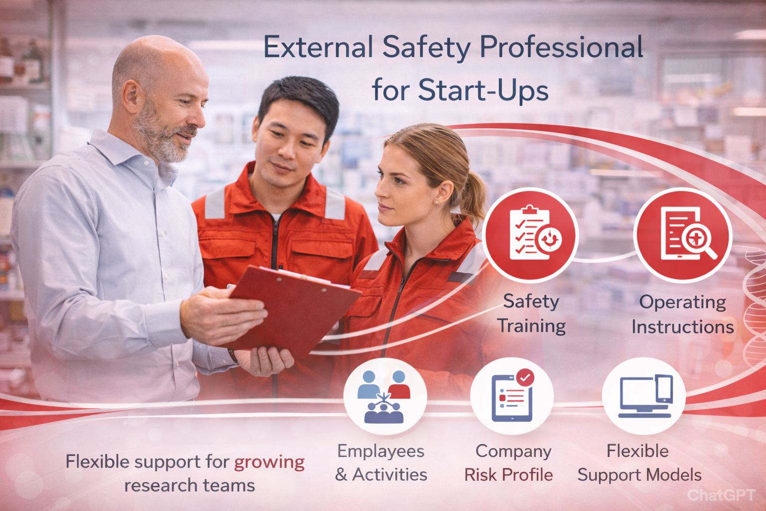 Start-up team discussing occupational safety issues with an external safety professional